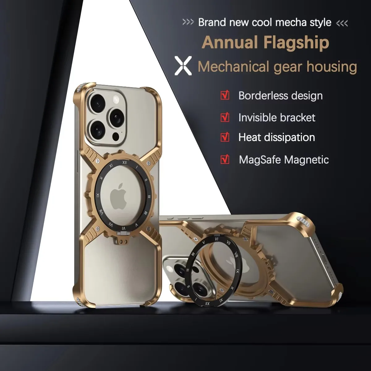 360°Bracket Magnetic Mechanical Gear Case For iPhone 16 15 14 13 Pro max  Metal Frame Shockproof Cover for iPhone 16 Promax