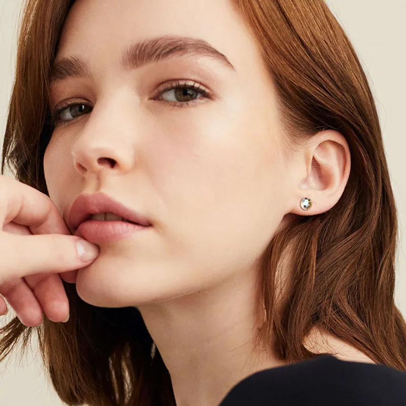 925 Sterling Silver Crystal Round Shape Color Stud Earrings for Girls Shiny Ear Bone Nail Screw Earring Ladies Luxury Jewelry