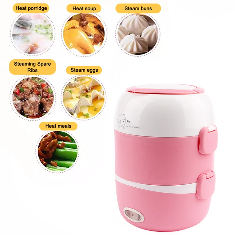 Mini Electric Rice Cooker Stainless Steel 2/3 Layers Food Container Steamer Portable Meal Heating Lunch Box Heater Warmer Bento