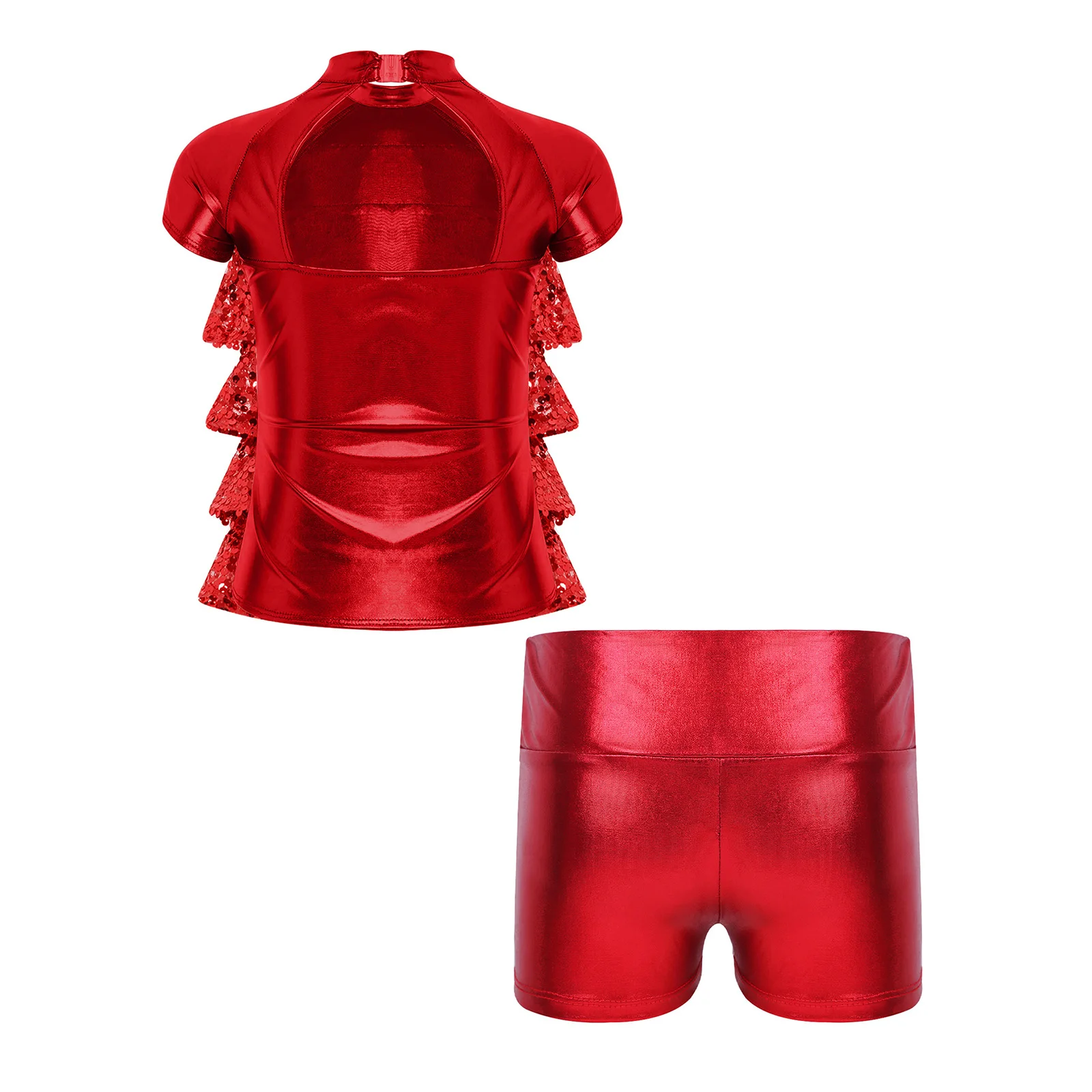 Kids Girls Metallic Modern Jazz Dance Outfit Short Sleeve Sequins Tiered Ruffle Top with Shorts Cheerleading Hip Hop Streetwear 4