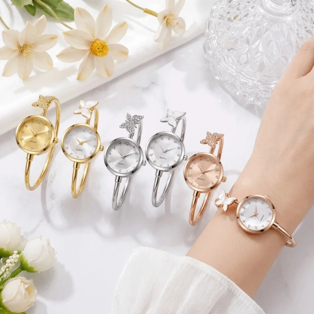 Mother of Pearl Dial Butterfly Bangle Watch Butterfly Motif Dainty Design Open Cuff Wristwatch Open Cuff Quartz Movement