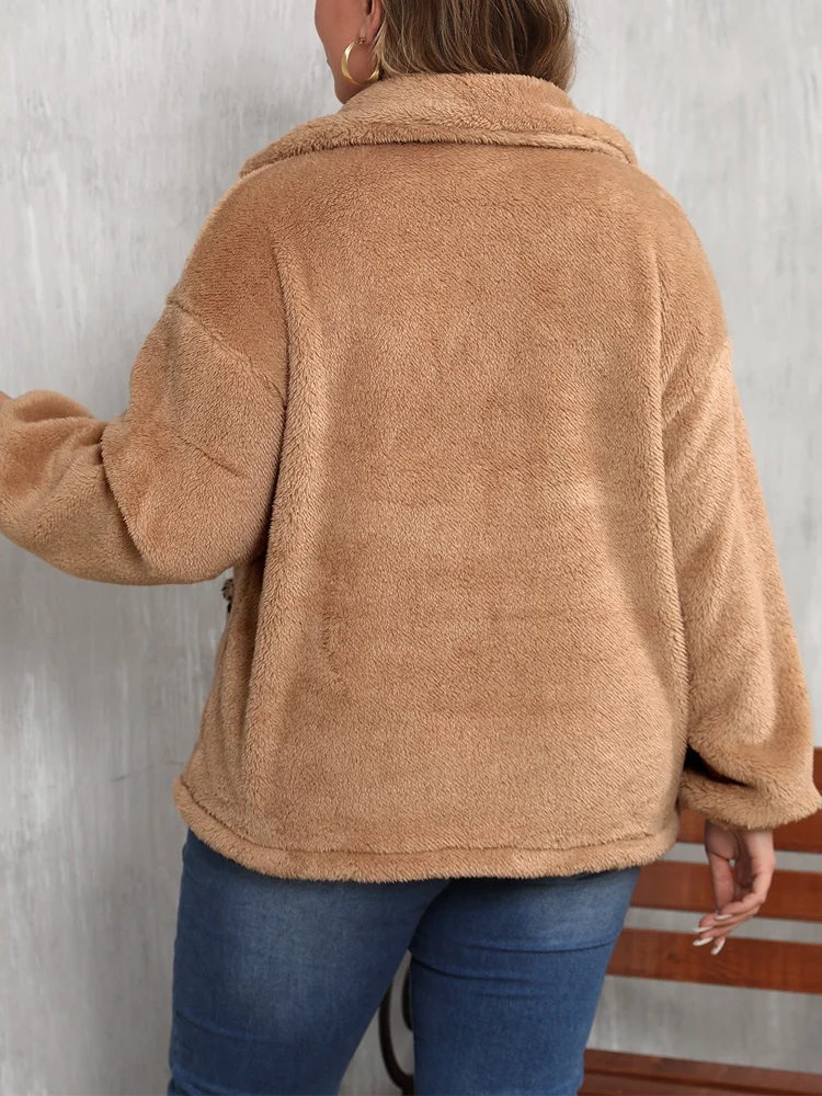 GIBSIE Plus Size Autumn and Winter Long Sleeved Teddy Coat Women 2025 Street New Fashion Warm Zipper Jacket with Leopard Pockets