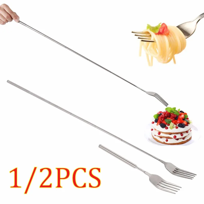 1/2 pcs Cutlery Fork Tableware Bento Box Retro Fork BBQ Telescopic Extendable Dinner Fruit Dessert Long Handle Fork