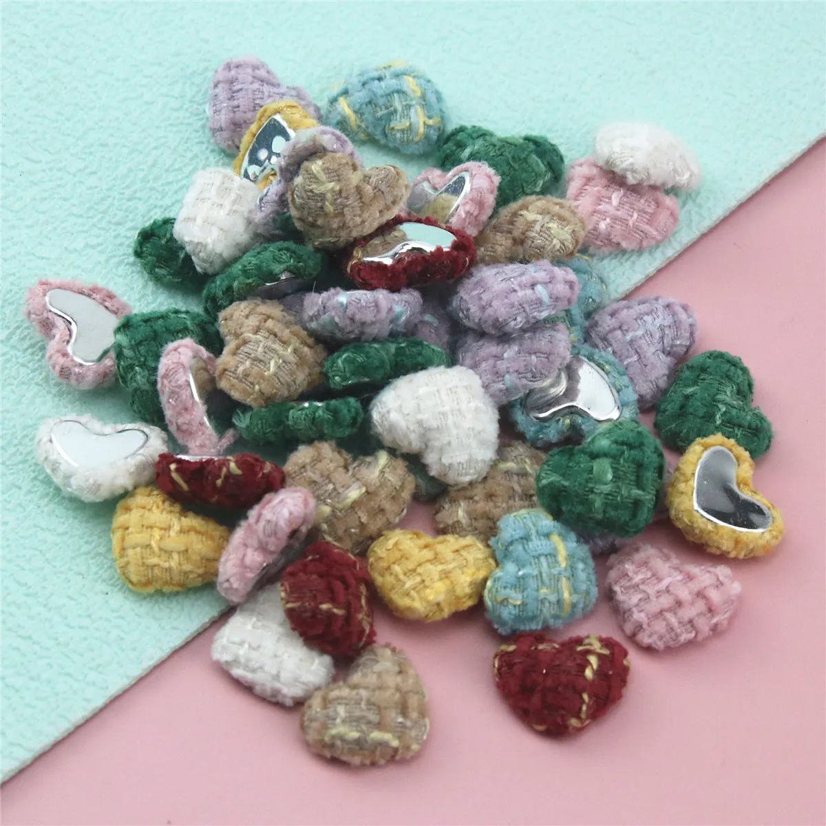 50pcs Multicolor Flatback Fabric Covered heart Buttons Home Garden Crafts Cabochon Scrapbooking Decorate Accessories