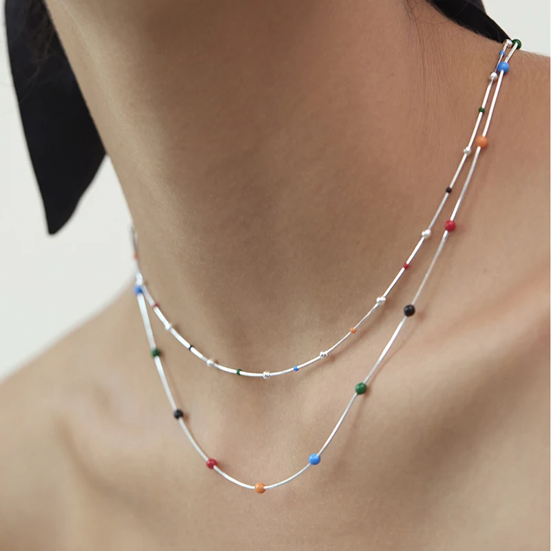 925 Sterling Silver Summer Rainbow Beads Chain Choker Necklace for Women's Fashion Stacked For Korea Simple Collar Fine Jewelry