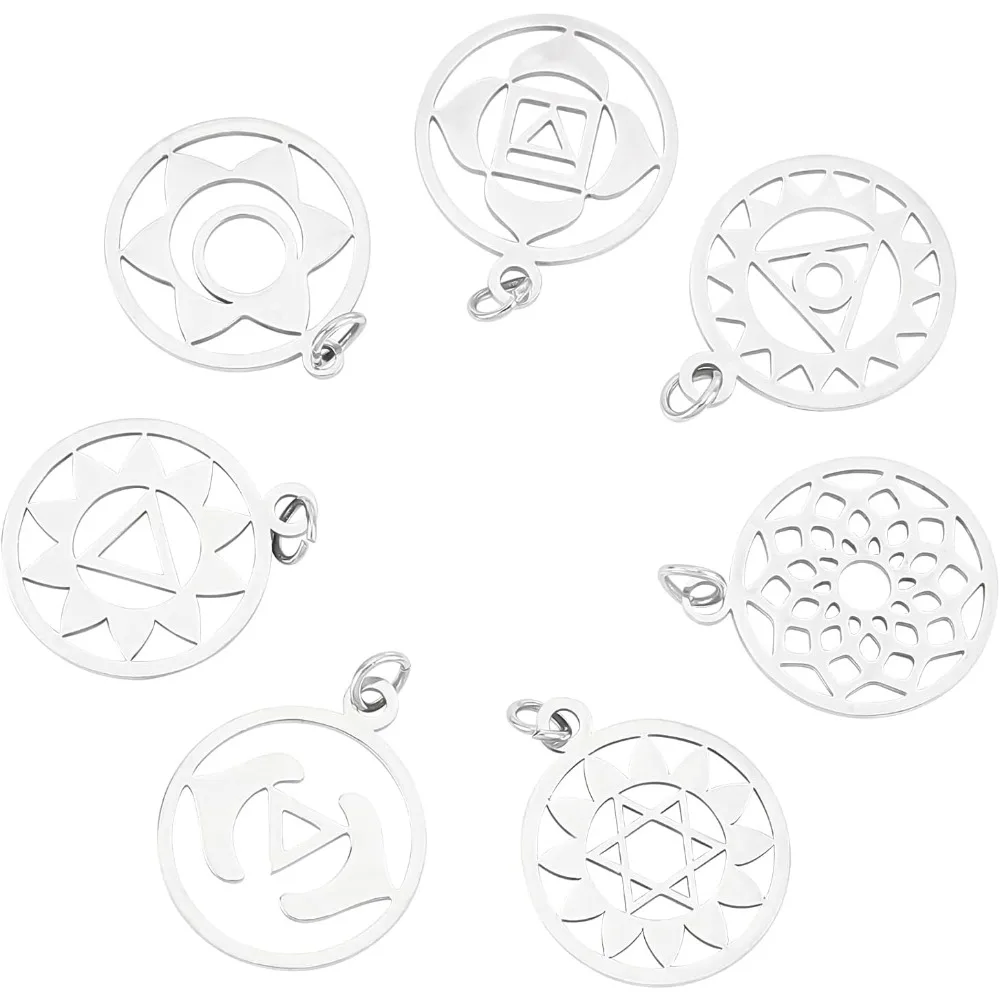 

14pcs 7 Styles 304 Stainless Steel Chakra Charms Flat Round Hollow Pendants Lotus Flower Charms Hypoallergenic Charms with Jump