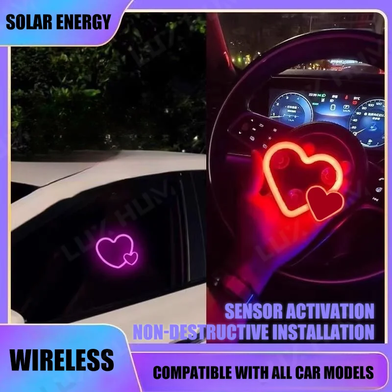 Solar Powered Car Neon Light Wireless Cute Heart Shaped Led Ambient Light Suction Cup USB Rechargeable Atmosphere Breathing Lamp image 2