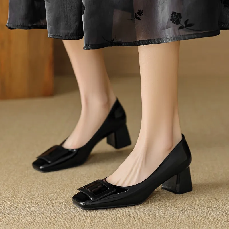 French High Heels Female Square Toe Slip-on Work Shoes Shallow Mouth Temperament Commute Pumps