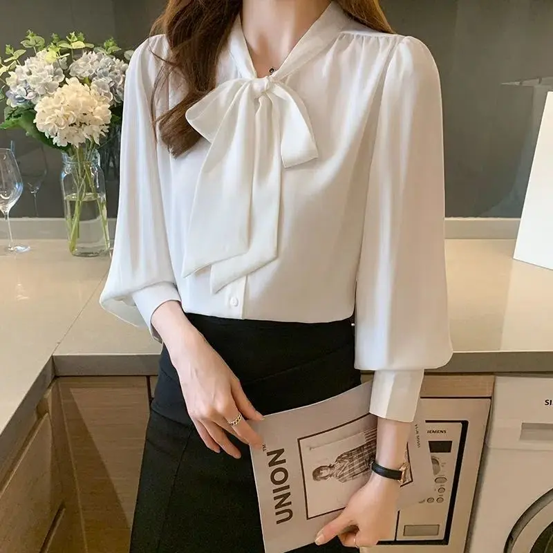 Spring and Summer New Women\'s Chiffon White Shirt Bow Single Breasted Fashion Casual Solid Color Loose Commuter Korean Version