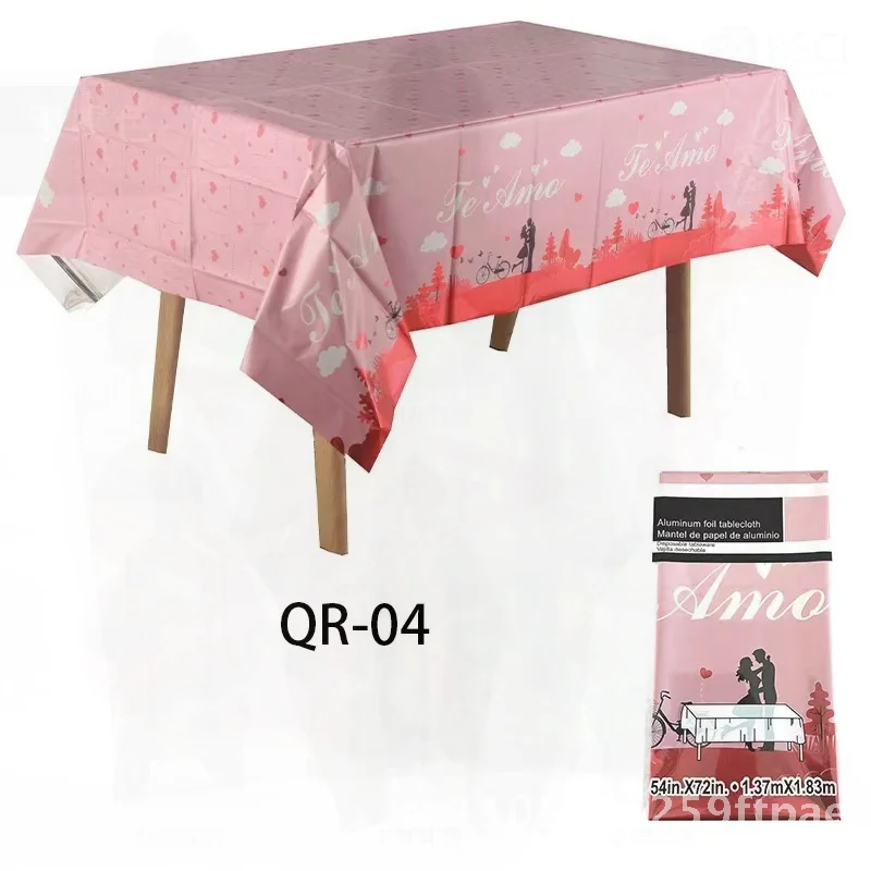 Amazon Disposable PEVA Tablecloth Thickened Waterproof Oil-Proof Valentine's Day Heart Pattern Wash-Free Square Party Layout