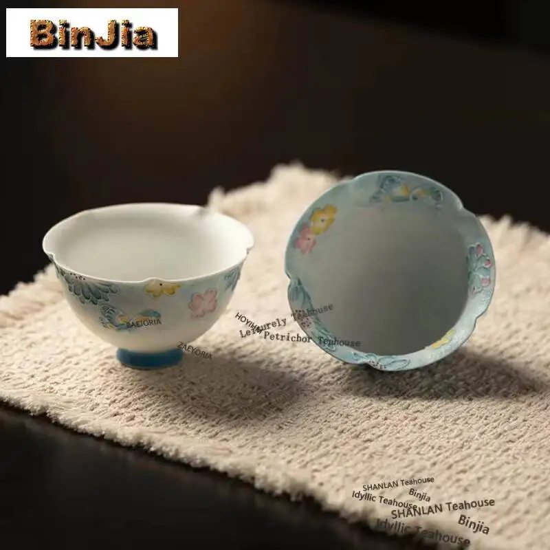 100ml Blue Hand-painted Flower Teacup Traditional Tea Bowl Cup For Tea Tea-tasting Meditation Cup Jianzhan Master Cups Teaset