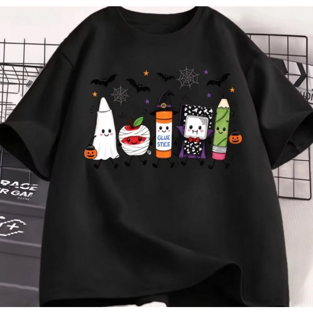 Women Crew Neck Short Sleeve Black T-Shirt, Cute Halloween Stationery Cartoon Ghost Apple Pencil Bat Spider Graphic Casual Tee