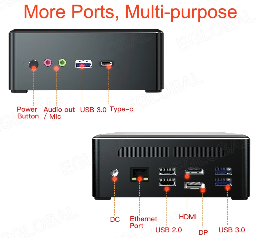 Eglobal MINI PC Desktop Computer AMD Ryzen 7 3750H 3550H Windows11 Pro HDMI DP Type-C Desktop PC