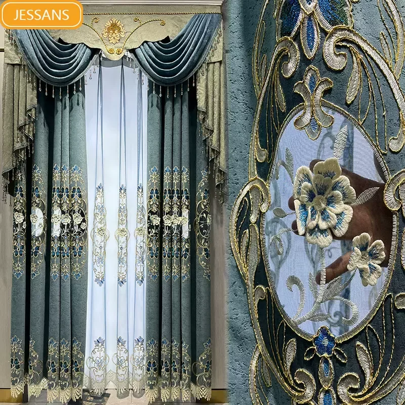 Customized Blue Gray Cashmere Hollowed Out Embroidered Window Screen Thickened Curtains for Living Room Bedroom French Window