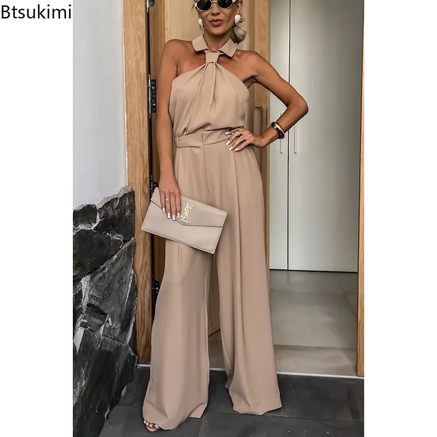 2024 Women Elegant Jumpsuits Fashion Sleeveless High Waist Halter One Piece Wide Leg Pants Summer Casual Vacation Rompers Femme