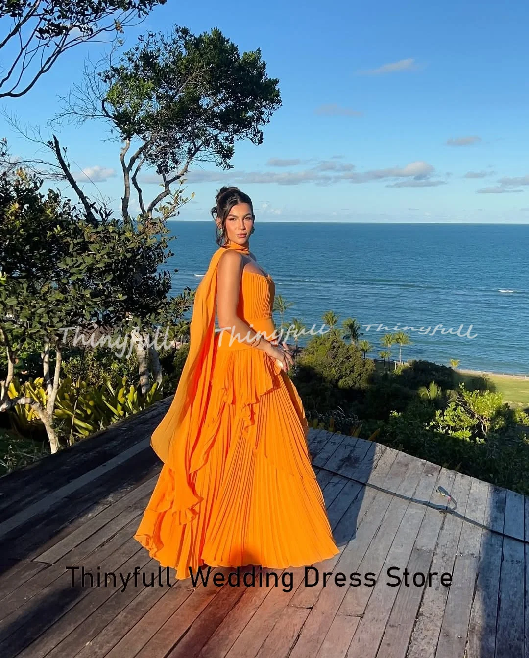 Thinyfull A-line Chiffon Prom Dresses Strapless Sleeveless Pleats Evening Dress Formal Occasion Gown Robe De Soirée Customized image 3