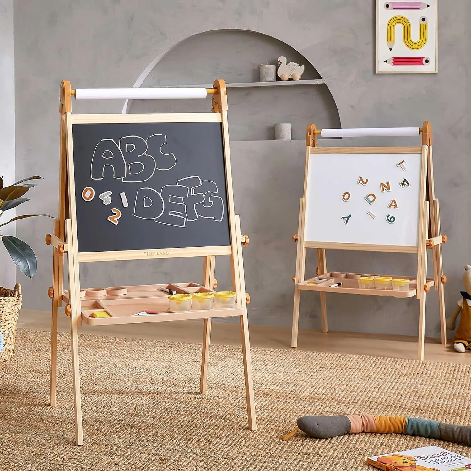 

Double-Sided Magnetic Kids Art Easel with Adjustable Height, Paper Roll, and Accessories for Ages 3-8