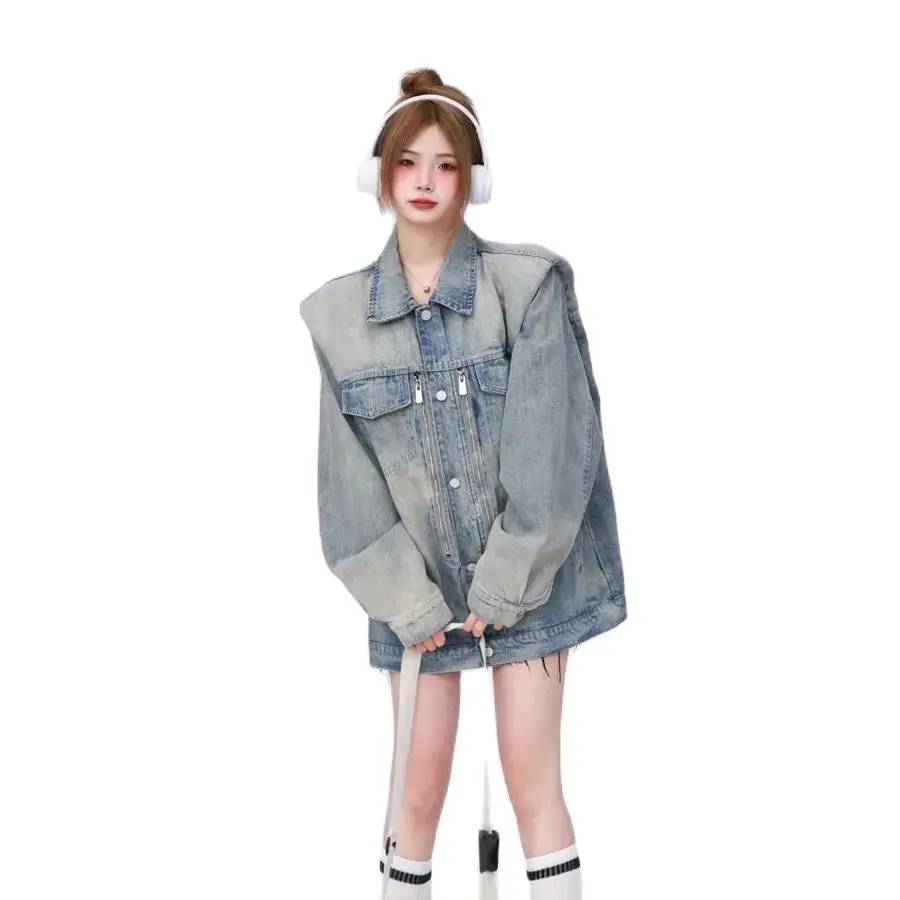 Denim Jacket With Shoulder Pads American Retro High-End Right-Shoulder Trendy Brand Women Spring And Autumn Design Niche Jacket