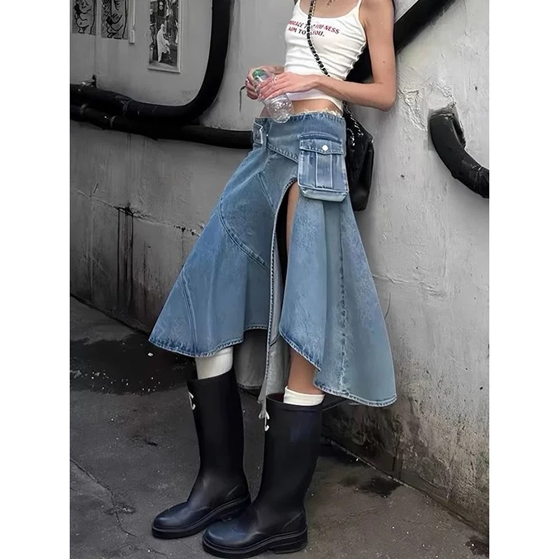Women Vintage Blue Gothic Low Waist A-line Skirt Summer Y2k Asymmetrical Denim Skirt Harajuku Mid Long Skirts Emo 2000s Clothes