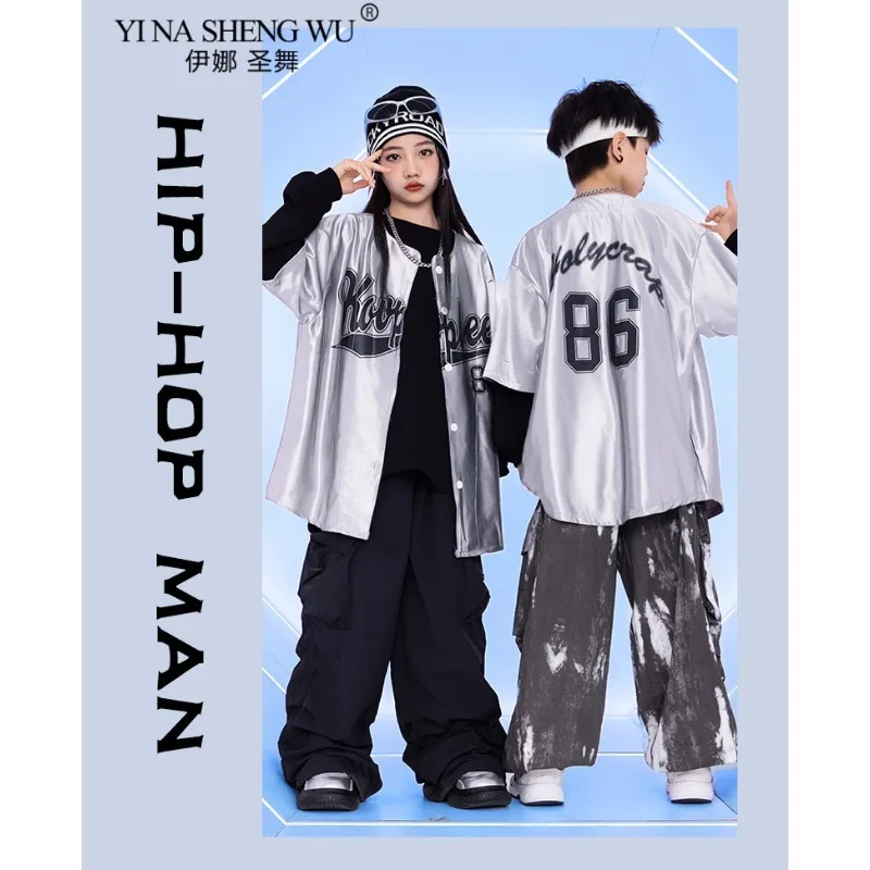 الأولاد أزياء الرقص الفتيات ملابس الجاز الهيب هوب أداء ارتداء بدلة فضية مع بنطلون أسود أطفال طبل عرض زي الحفلات #6