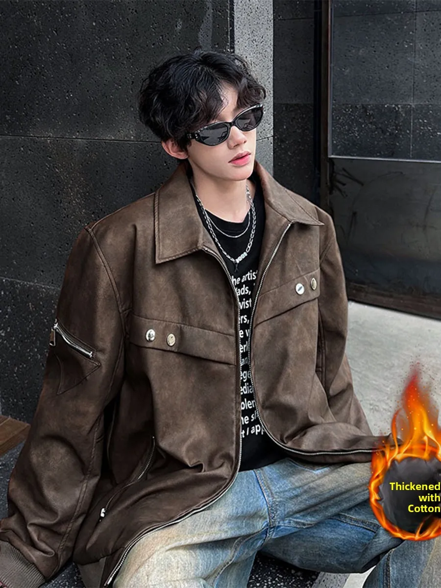 

Men's Retro Biker PU Leather Jaet Thiened Winter Coat Faionable Street Sle Metal Decorations Warm Inner