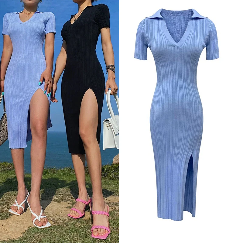 YuooMuoo Chic Mode Sexy Wrap Hüften Split Frauen Kleid Sommer drehen-unten Kragen Dünne Elastische Midi Hemd Kleid Streetwear outfits