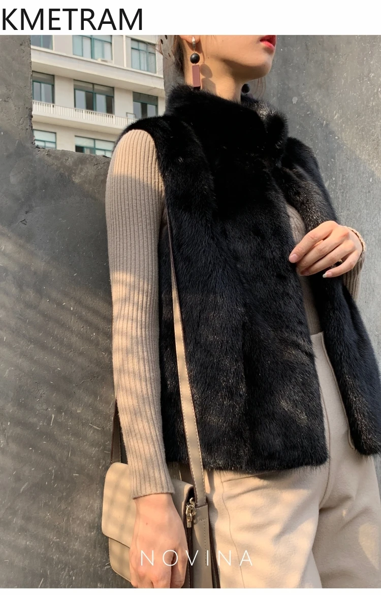 เสื้อขนสัตว์มิงค์แท้ 100% สีดำ คอตั้ง เสื้อขนสัตว์ผู้หญิง เสื้อผ้าฤดูหนาว แขนกุด เสื้อโค้ทขนสัตว์แท้ 2025