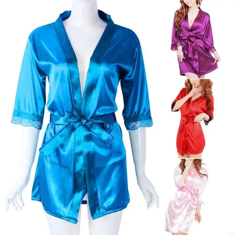

L38E Women's Short Kimono V-Neck Bathrobe Plain Dressing Gown Bridal Party Robe