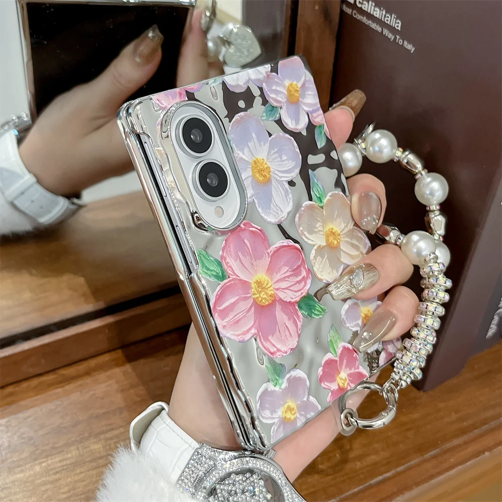 Painting Flower Phone Case For Samsung Galaxy Z Fold8 Ultra Z Fold 8 7 6 Shockproof Cover With Pearl Wrist Strap For Women Girls