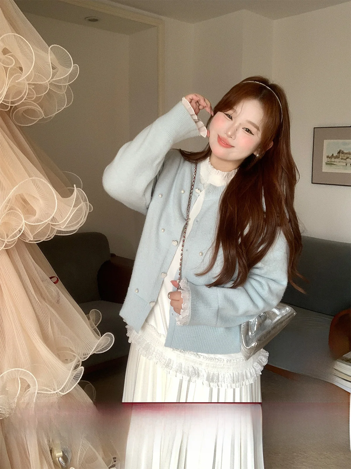 

Синий вязаный кардиган большого размера с длинными рукавами, женский зимний новый свитер с искусственным жемчугом, украшенный искусственным жемчугом, с открытым передом, мягкий, во французском стиле