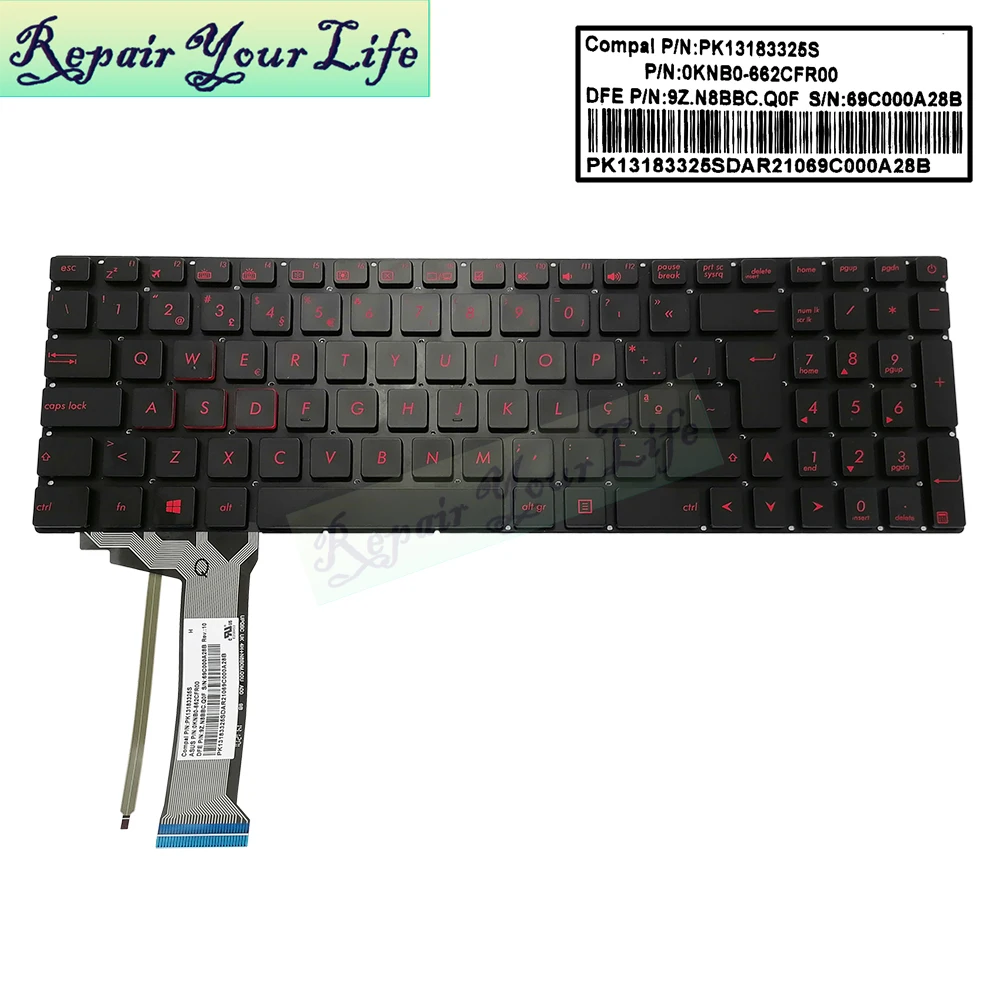 

French AZERTY Portuguese Backlit Keyboard for ASUS N551 N552 N751 N752 N551VW G551 G551JK G551JM Abnt2 Brazil Keyboard Red Light