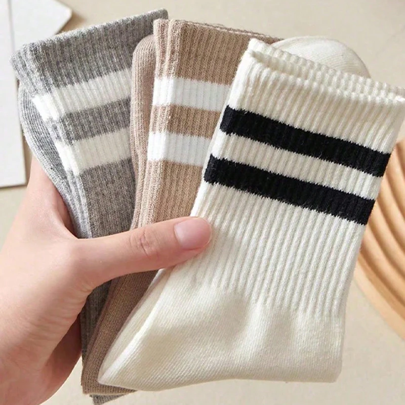 6 Pairs Women's Mid-Calf Socks Non-Slip Ribbed Cuff 2-Stripe Solid Color Athletic Casual Ankle Socks