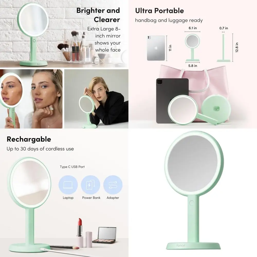 Miroir de maquillage LED portable, rechargeable, XL, grossissement 5X/1X, lumière 3 couleurs, portable ou vanité, pistache