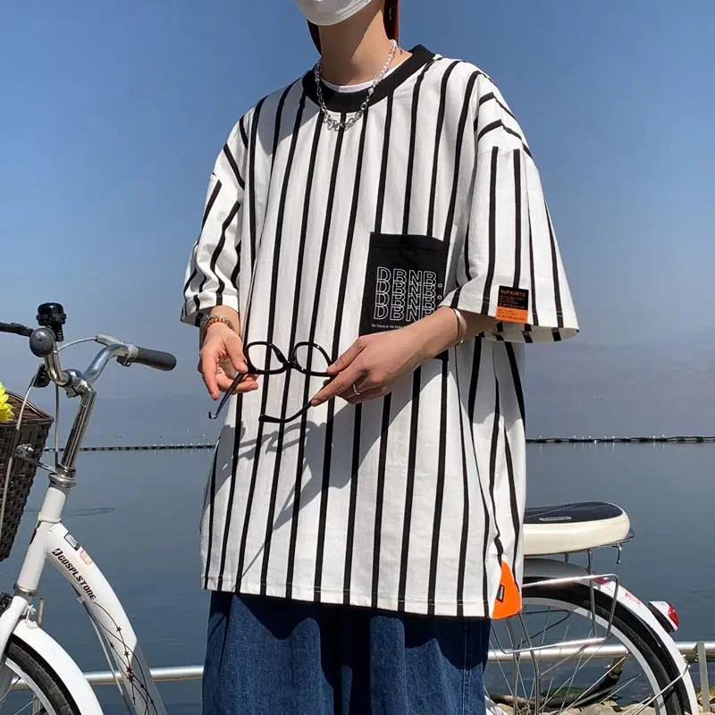 

Youthful Vitality Vertical Stripes T-shirts Men's Clothing Stylish Patch Designs Summer Casual Loose Letter Spliced Pullovers