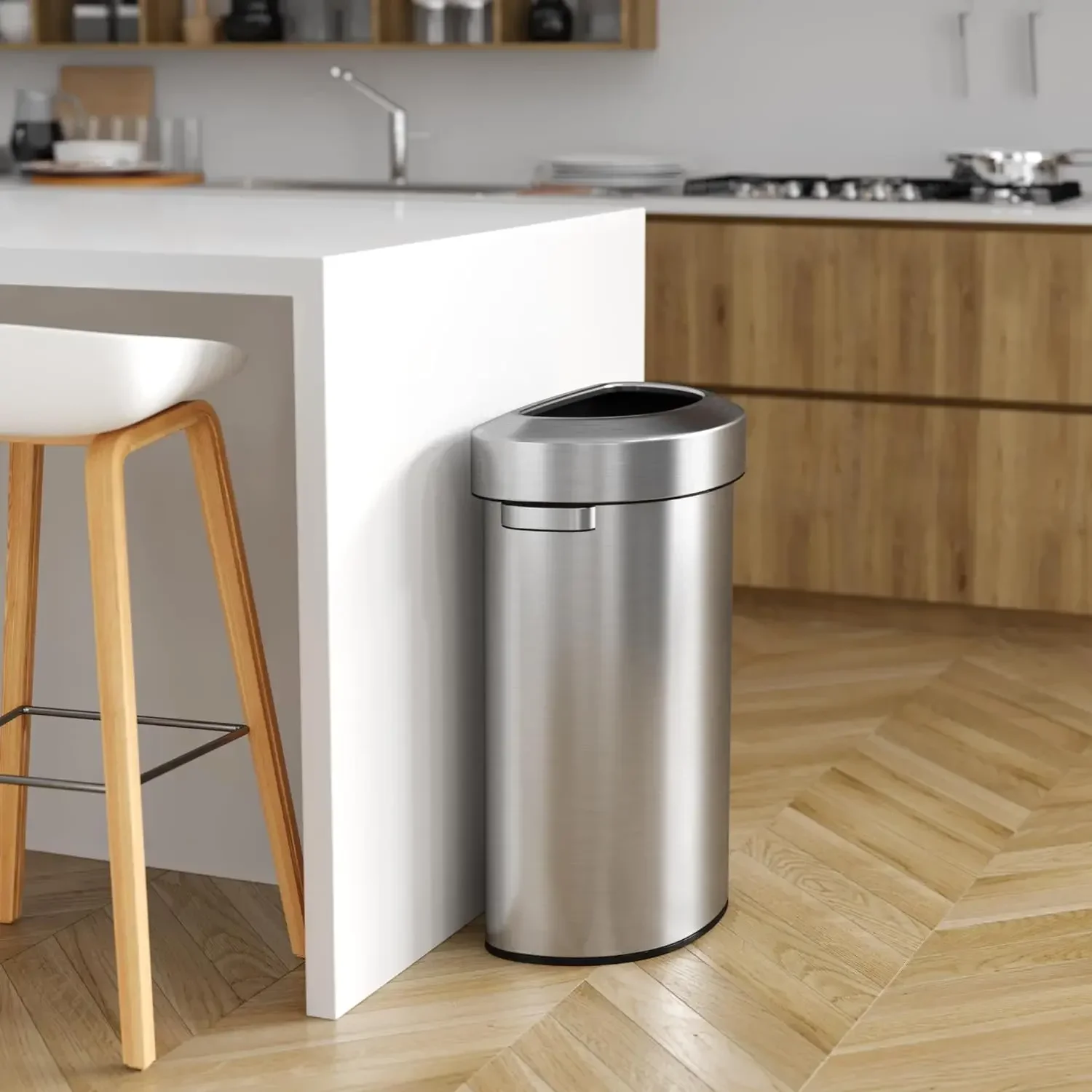 Stainless Steel Trash Can and Recycle Bin, ITouchless 23 Gallon, Semi-Round Open Top, 87 Liter, Slim  Space-Saving Design