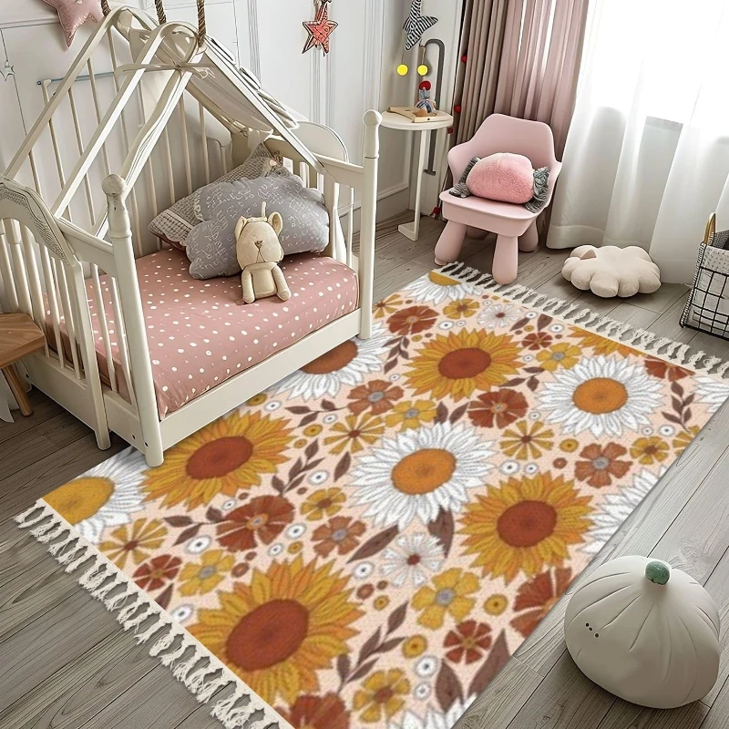 Carpet for Living Room Colorful Flowers Nonslip Coffee Table Tassel Rug Machine Washable Folding Bedroom Bedside Mat Alfombra 담요