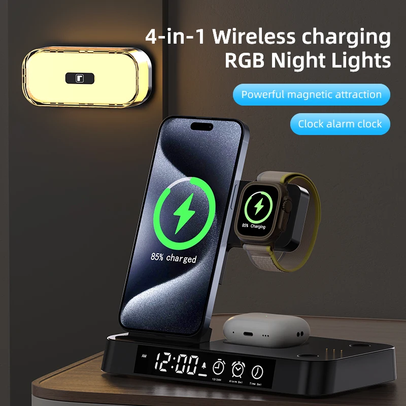 HAAYOT Nachtlicht, kabelloses Ladegerät mit Wecker für iPhone 16, 15, 14, 13, Schnellladestation für Apple Watch AirPods Pro