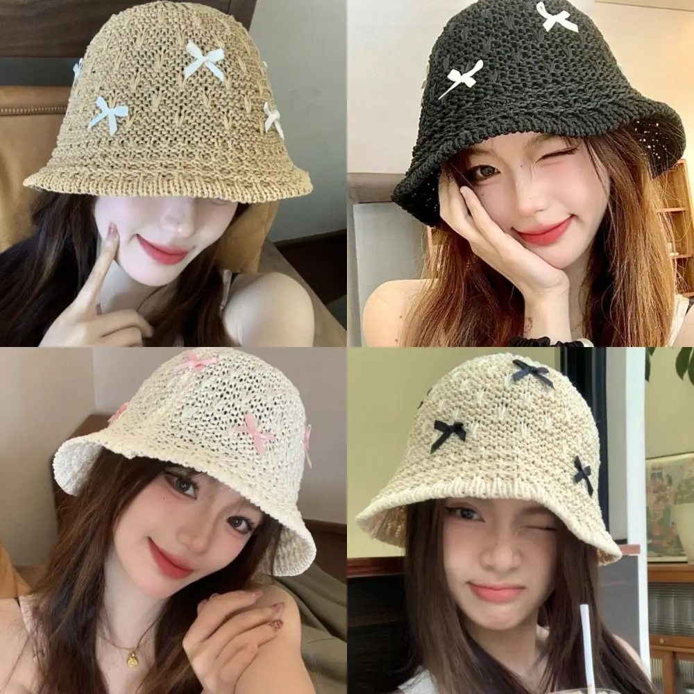 

Fashion Mini Bow Beach Straw Hat Solid Color Breathable Korean Bucket Hat Weaving Panama Women Suncreen Hat Sun Protection