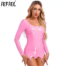 Club Dress for Womens Long Sleeve Back Zipper Mini Lingerie Latex Dress Glossy Patent Leather Bodycon Dress with Garter Clips