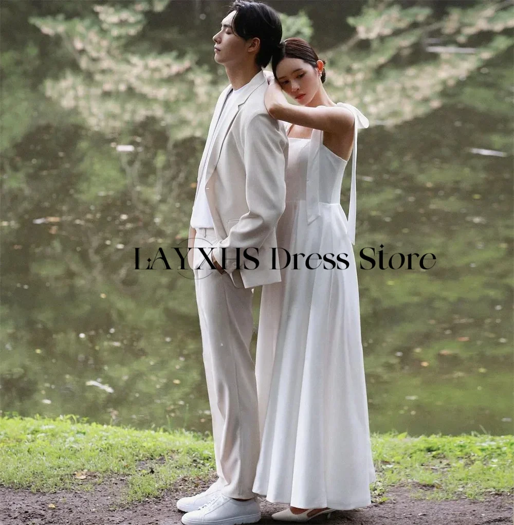 السباغيتي الأشرطة الأبيض الساتان كوريا فساتين الزفاف ألف خط ساحة طوق فستان زفاف أنيقة زي العرائس سترس مخصص #4