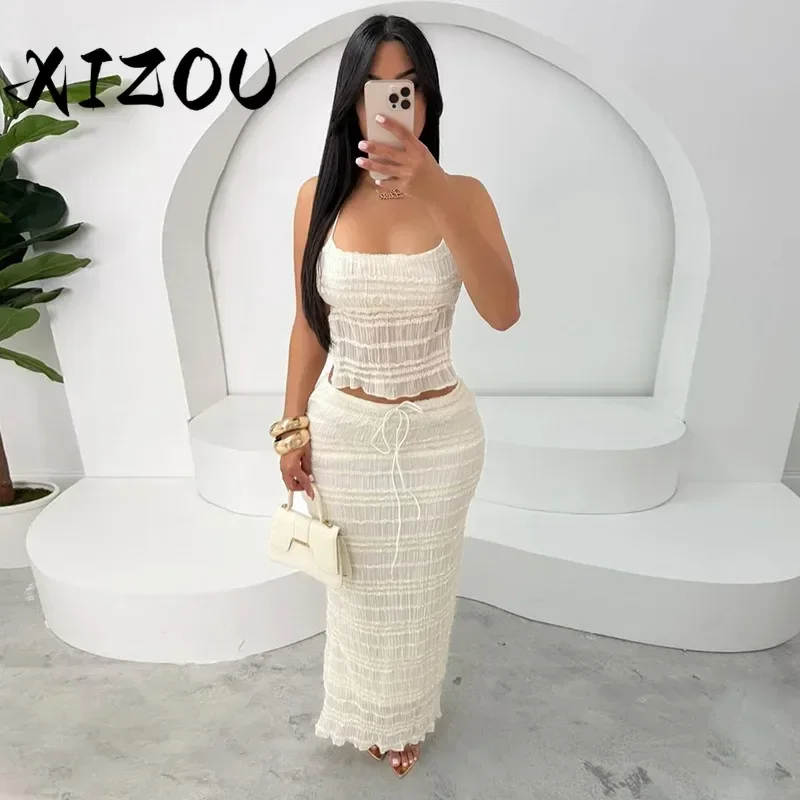 

XIZOU Women's Set Ruched Striped Sleeveless Strap Sleeveless Tops + Long Skirts Suit 2025 INS Beach Vacation Two 2 Piece Sets