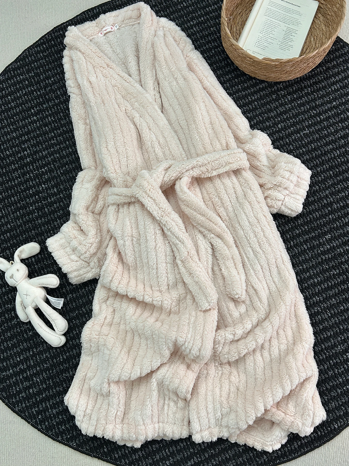 women's-coral-fleece-robe-mid-length-home-clothes-warm-flannel-sleepwear-v-neck-long-sleeve-antibacterial-thickened-winter