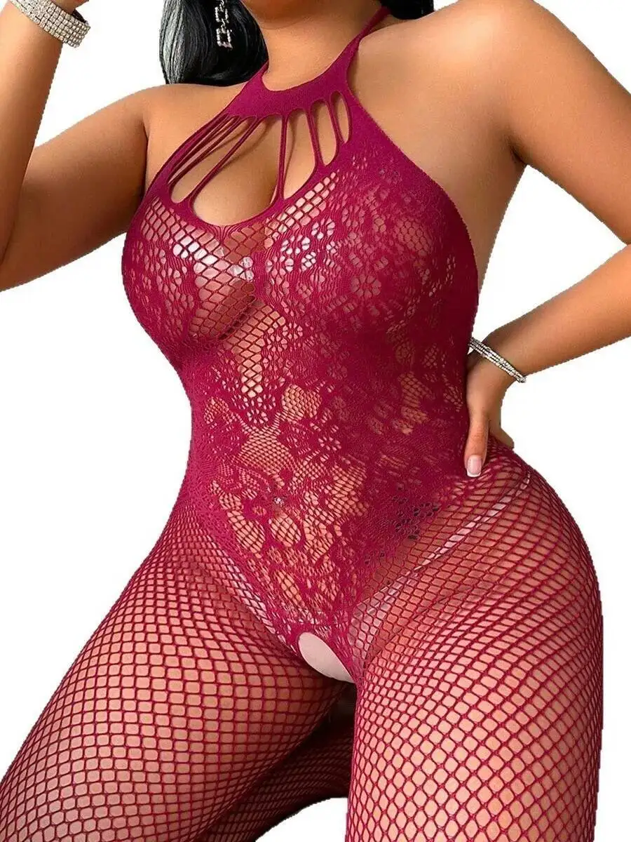 Plus Size Sexy Women's Passion Open Crotch Bodysuits Flower Print Backless Deep V Sleeveless Hanging Neck Bodysuits Elegant WRSK
