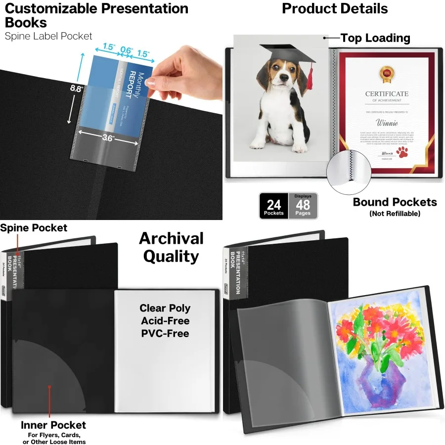 Large 11x14 Binder with 24 Pockets and Plastic Sleeves for Displaying Up to 48 Pages Clear Vertical Presentation Book with Prot