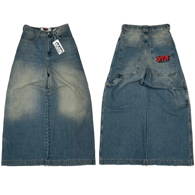 Calça larga Harajuku Hip-Hop masculina e feminina, gráfico retrô da caveira, calça jeans larga bordada, gótica, cintura alta, nova, Y2K