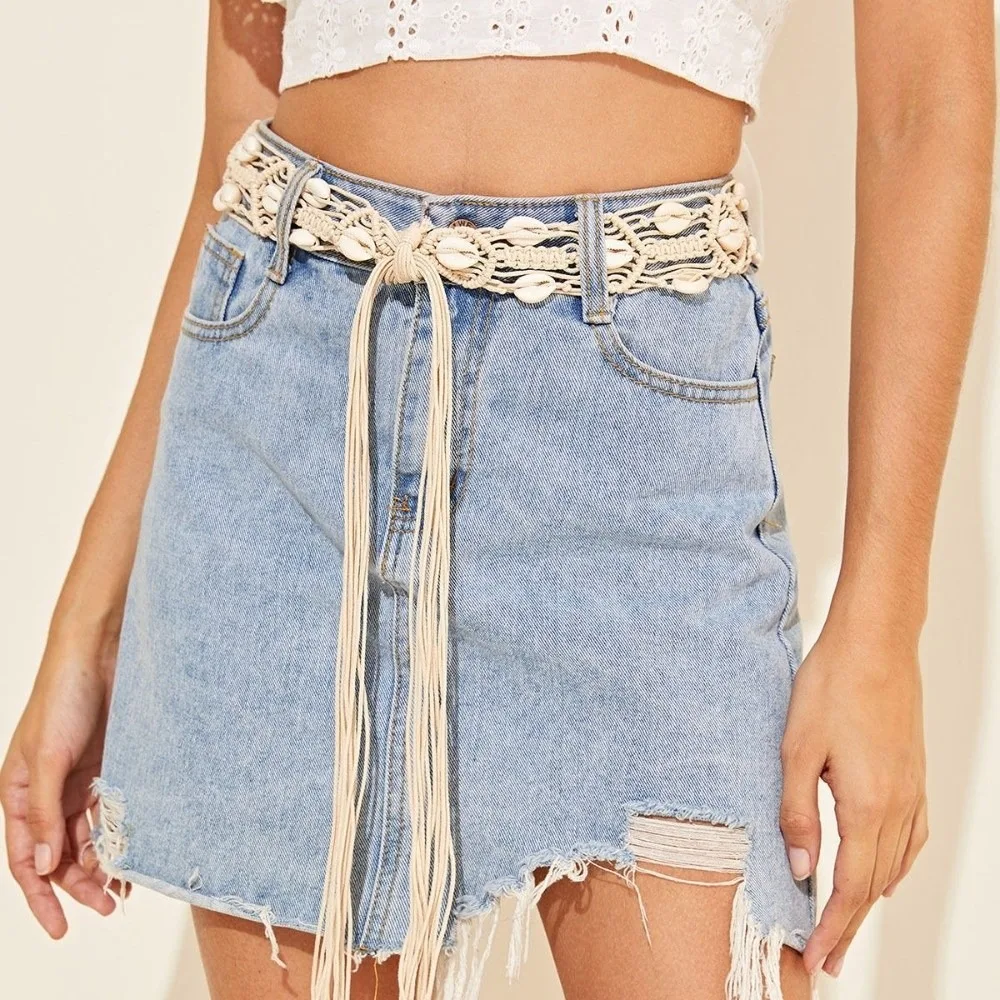 Fashionable Small Shell Rope Waist Belt Hollow Tassel Tie Strap Cotton Waistband Dress Accessories Women