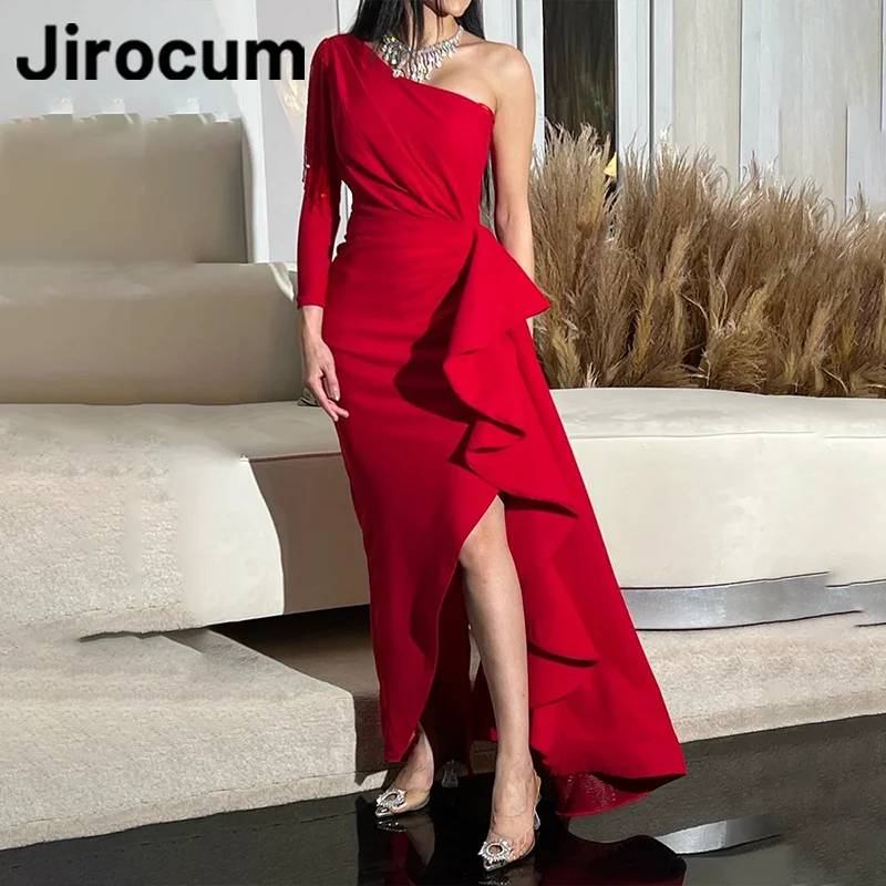 Jirocum High Low Mermaid Prom Dress Women's One Shoulder Beaded Party Evening Gown Floor Length Pleated Formal Occasion Dresses