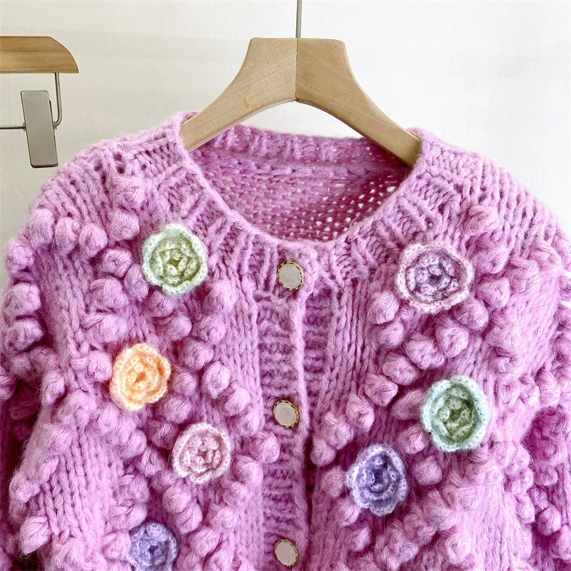 Women Hand-knit Bubble Floral Chunky Cardigan 2024 New In Sweet Knit Vintage Top