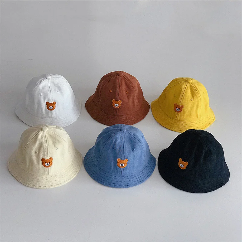 Cartoon Bear Baby Bucket Hat Embroidery Soft Girl Boy Fisherman Cap Spring Summer Infant Toddler Sun Hat