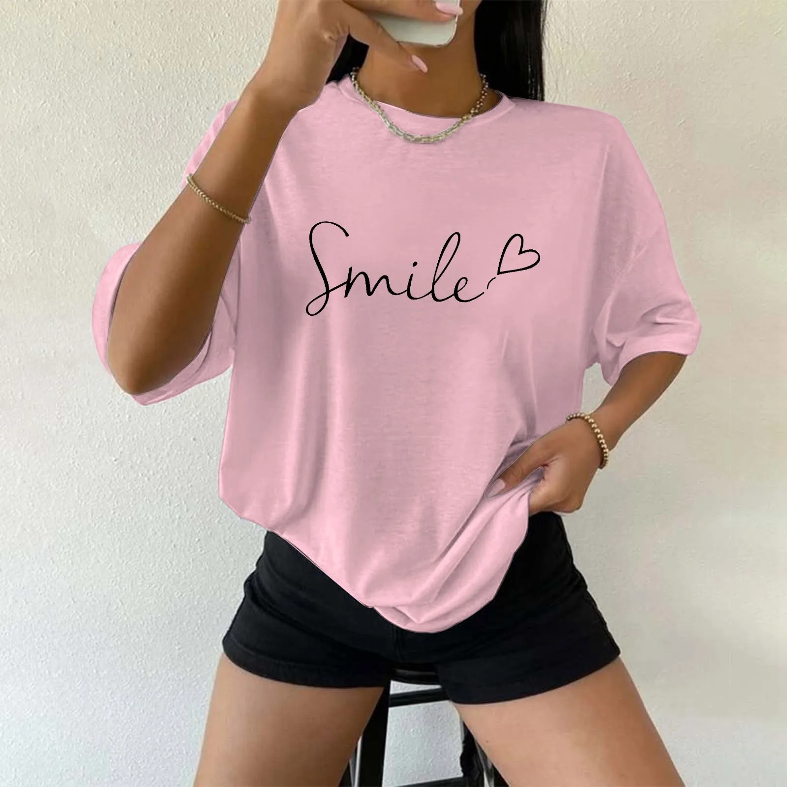 

Ladies Soft O-Neck Letter Print T-Shirt Oversized Short Sleeve T-Shirt Casual Basic Women Tops 2024 Summer